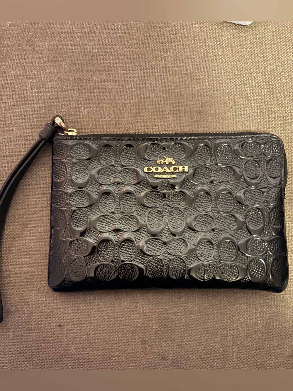Coach Black Patent Embossed Signature Wristlet / coin bag with Gold Logo